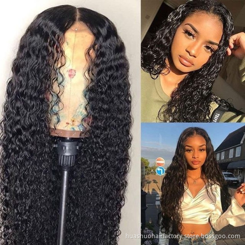 Huashuo Free Shipping  4*4 Human Lace Closure Wig Brazilian Virgin Human Hair Lace Wigs With Baby Hair Water Wave